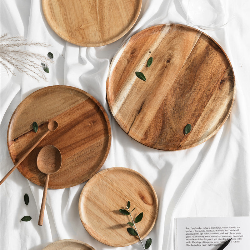 Artisanal Round Acacia Wood Tray | Handcrafted Minimalist Decor & Serving Plate