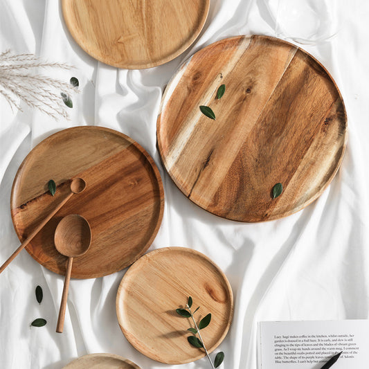 Artisanal Round Acacia Wood Tray | Handcrafted Minimalist Decor & Serving Plate