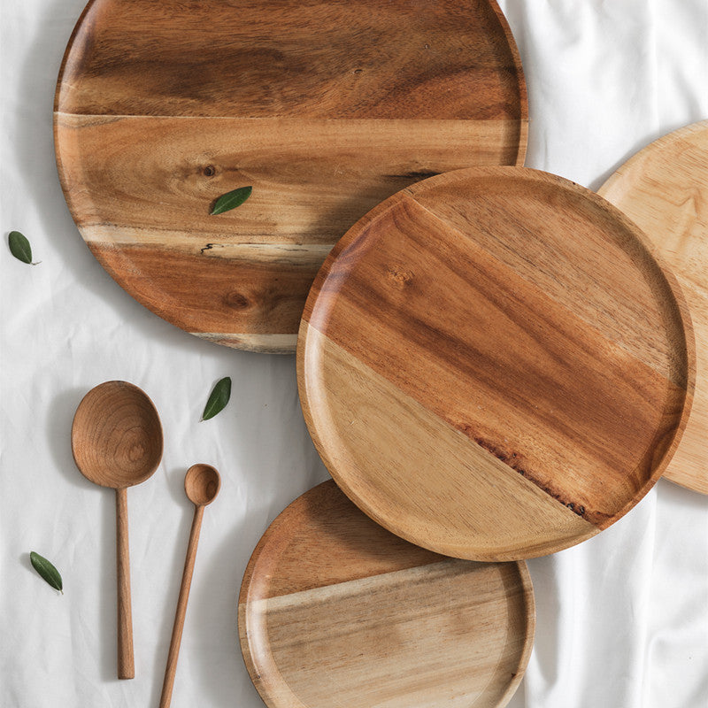 Artisanal Round Acacia Wood Tray | Handcrafted Minimalist Decor & Serving Plate